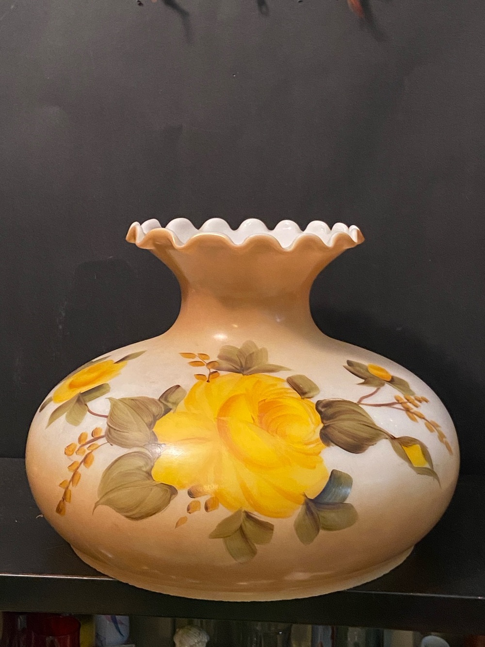 VINTAGE KEROSENE LAMP SHADE ROSES GWTW RUFFLED GLASS COVER X-Large